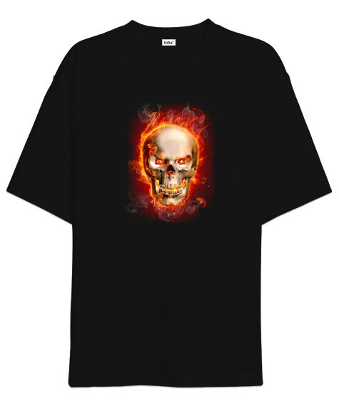 Tisho - Flame Skull Siyah Oversize Unisex Tişört