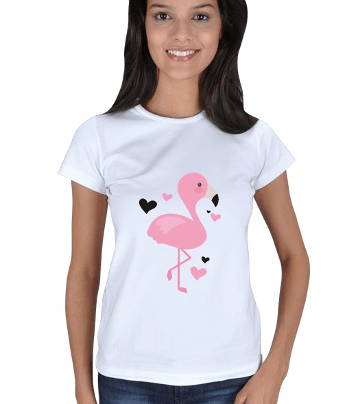 flamingo, pembe mavi kalp Kadın Tişört