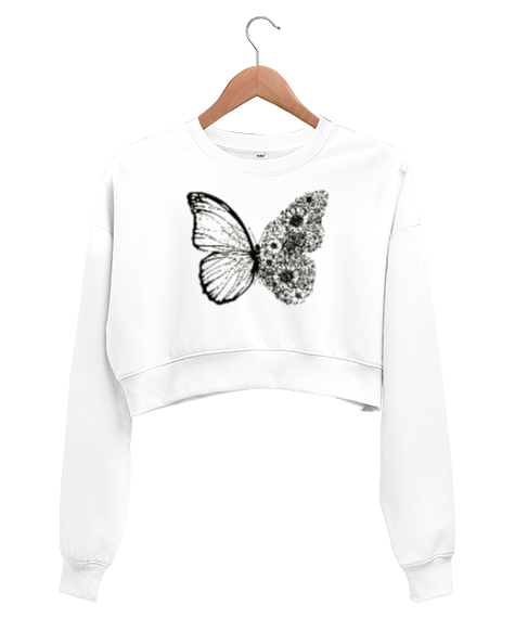 Tisho - Floral Butterfly - Kelebek Beyaz Kadın Crop Sweatshirt