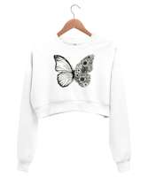 Floral Butterfly - Kelebek Beyaz Kadın Crop Sweatshirt - Tisho