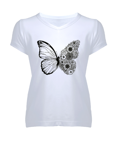 Tisho - Floral Butterfly - Kelebek Beyaz Kadın V Yaka Tişört