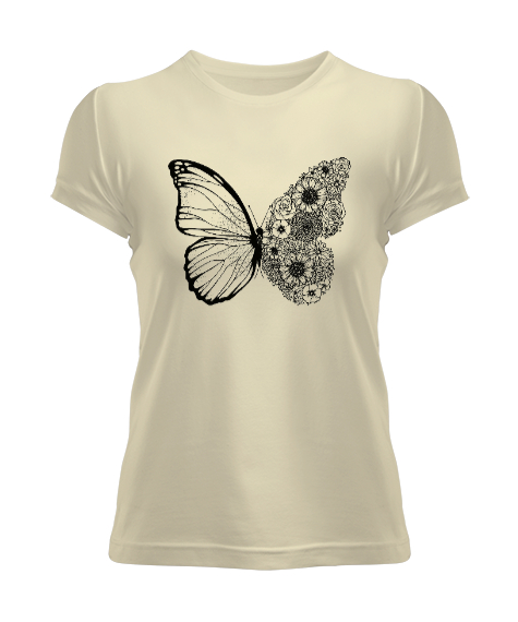 Tisho - Floral Butterfly - Kelebek Krem Kadın Tişört