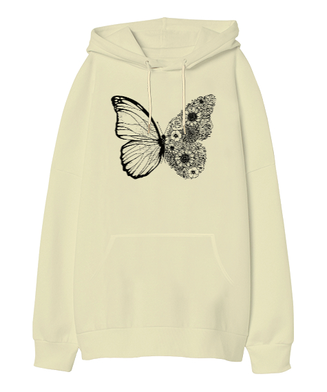 Tisho - Floral Butterfly - Kelebek Krem Oversize Unisex Kapüşonlu Sweatshirt