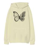 Floral Butterfly - Kelebek Krem Oversize Unisex Kapüşonlu Sweatshirt - Tisho