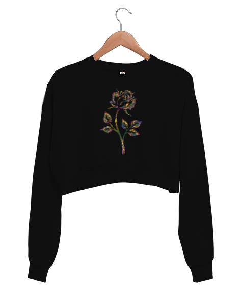Tisho - Floral Rose - Renkli Gül Siyah Kadın Crop Sweatshirt