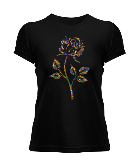 Tisho - Floral Rose - Renkli Gül Siyah Kadın Tişört