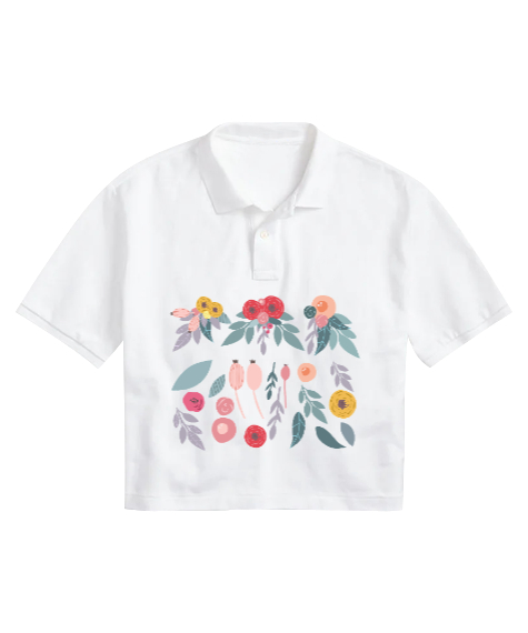 Tisho - Flower Beyaz Kadın Crop Polo Yaka Tişört