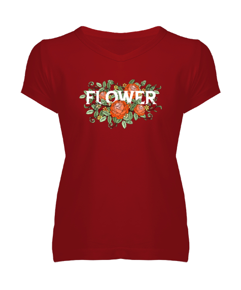 Flower - Çiçek- Güller Kırmızı Kadın V Yaka Tişört - Tisho