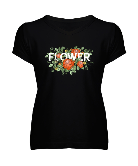 Flower - Çiçek- Güller Siyah Kadın V Yaka Tişört - Tisho