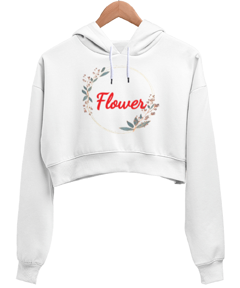 Tisho - flower desinger Beyaz Kadın Crop Hoodie Kapüşonlu Sweatshirt