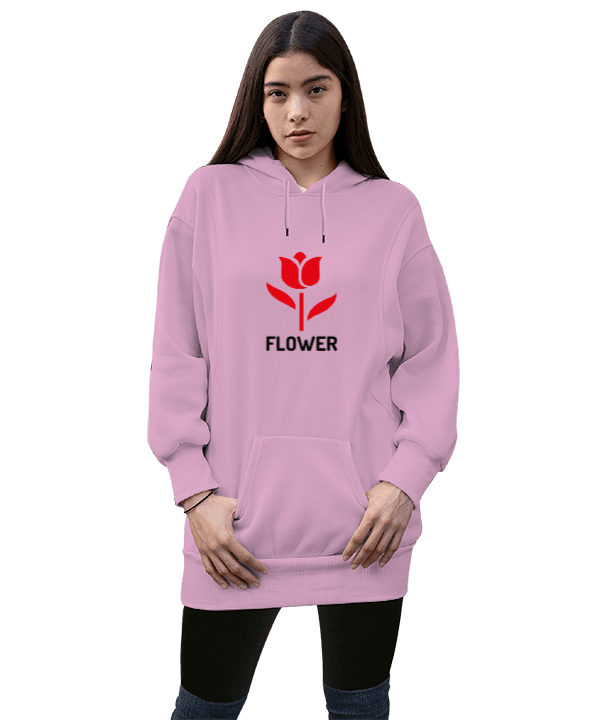 Tisho - Flower Kadın Uzun Hoodie Kapüşonlu Sweatshirt