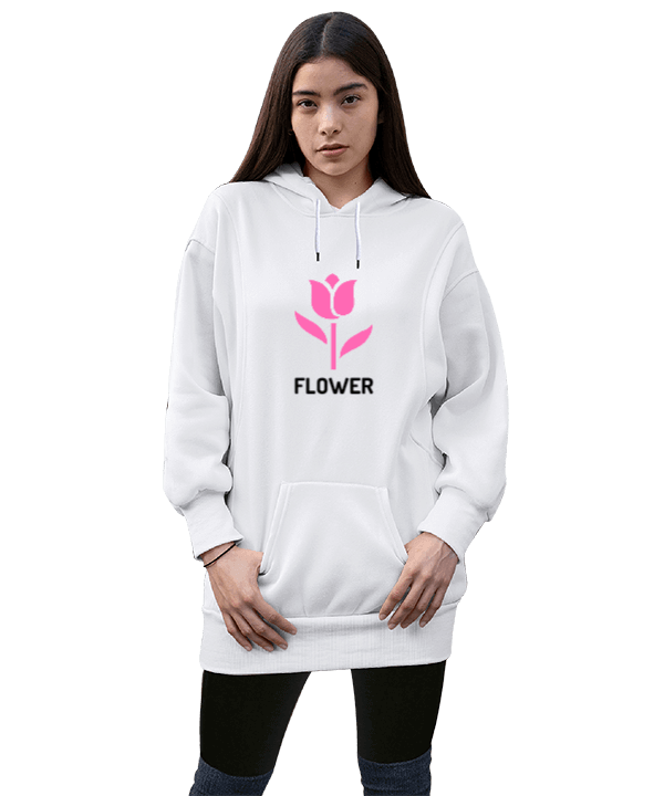 Flower Kadın Uzun Hoodie Kapüşonlu Sweatshirt