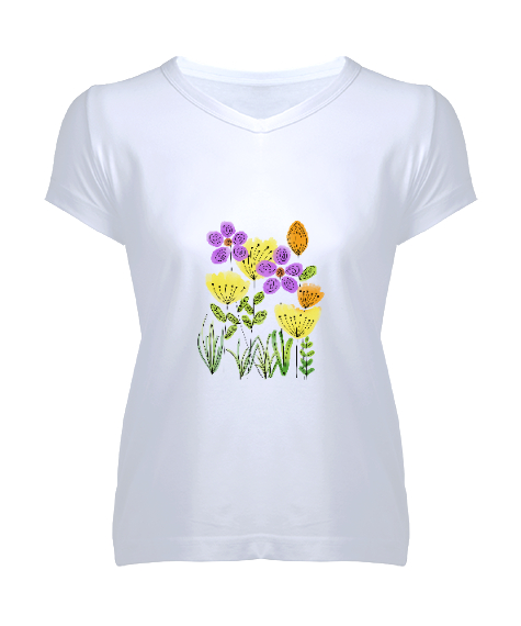 Tisho - Flowers Beyaz Kadın V Yaka Tişört