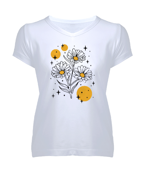 Tisho - Flowers - Çiçekler Beyaz Kadın V Yaka Tişört