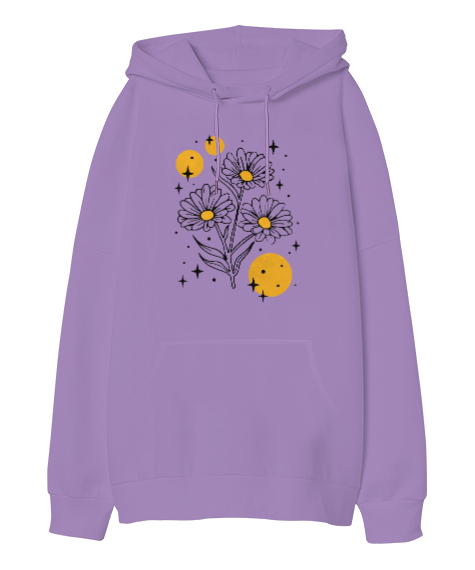Tisho - Flowers - Çiçekler Lila Oversize Unisex Kapüşonlu Sweatshirt