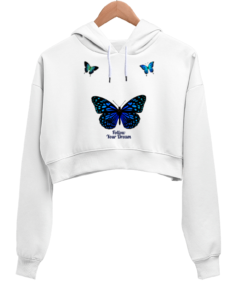 Tisho - Follow your dream Beyaz Kadın Crop Hoodie Kapüşonlu Sweatshirt