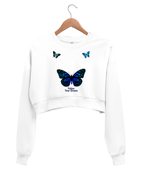 Tisho - Follow your dream Beyaz Kadın Crop Sweatshirt