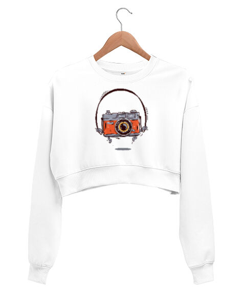 Tisho - Fotoğraf Makinesi Beyaz Kadın Crop Sweatshirt