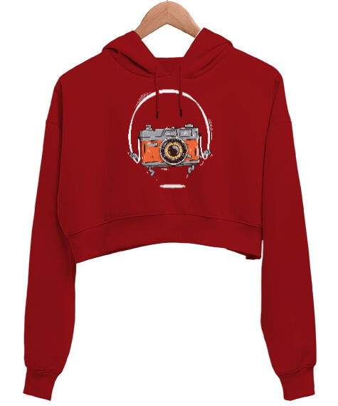 Tisho - Fotoğraf Makinesi Kırmızı Kadın Crop Hoodie Kapüşonlu Sweatshirt