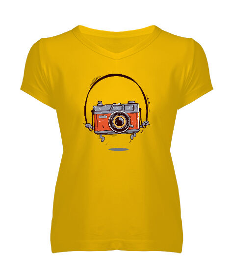 Tisho - Fotoğraf Makinesi Sarı Kadın V Yaka Tişört