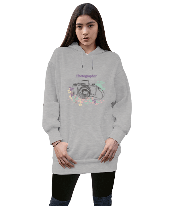 Tisho - Fotoğrafçı Genç Tasarım Kadın Uzun Hoodie Kapüşonlu Sweatshirt