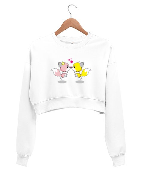 Tisho - Fox Love, Aşk, Sevgi Beyaz Kadın Crop Sweatshirt