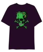 Frankenstein Skull - Kafatası Sırt Baskılı Koyu Mor Oversize Unisex Tişört - Thumbnail