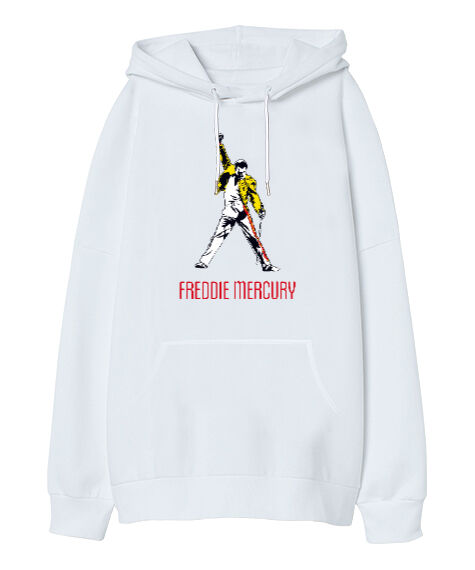 Tisho - Freddie Mercury - Queen- Beyaz Oversize Unisex Kapüşonlu Sweatshirt