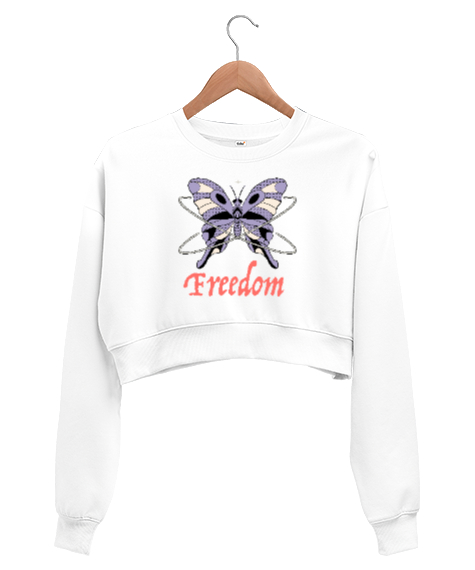 Tisho - Freedom - Özgür Kelebek Beyaz Kadın Crop Sweatshirt