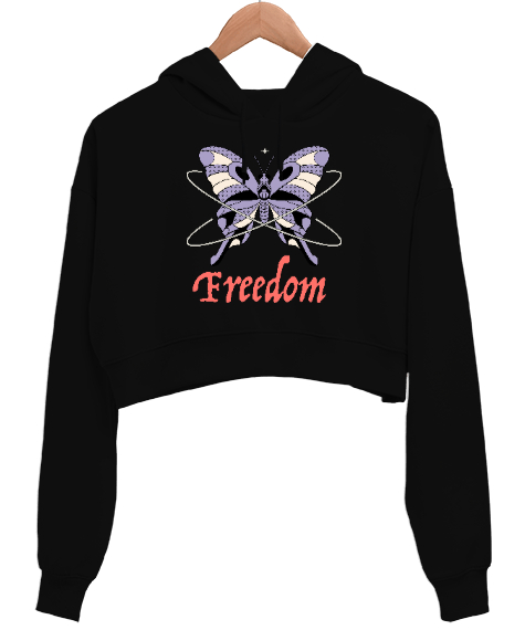 Tisho - Freedom - Özgür Kelebek Siyah Kadın Crop Hoodie Kapüşonlu Sweatshirt