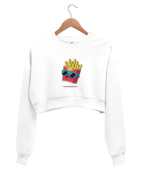 Tisho - french fries baskılı minimal tasarım Beyaz Kadın Crop Sweatshirt
