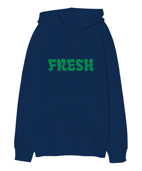Tisho - Fresh -Taze Yazılı Lacivert Oversize Unisex Kapüşonlu Sweatshirt