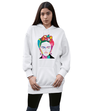 Tisho - Frida Kahlo Kadın Uzun Hoodie Kapüşonlu Sweatshirt