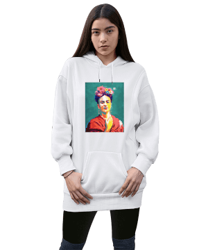Tisho - Frida Kahlo Kadın Uzun Hoodie Kapüşonlu Sweatshirt
