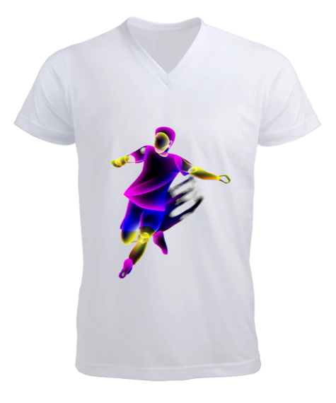Tisho - Futbol Baskı Tasarımı Beyaz Erkek Kısa Kol V Yaka Tişört
