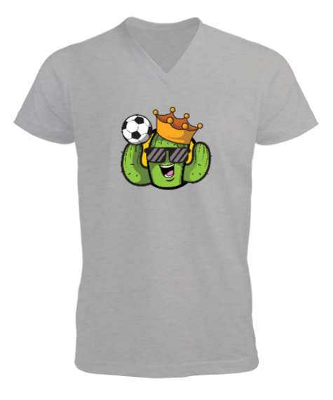 Tisho - Futbol Kralı Kaktüs Gri Erkek Kısa Kol V Yaka Tişört