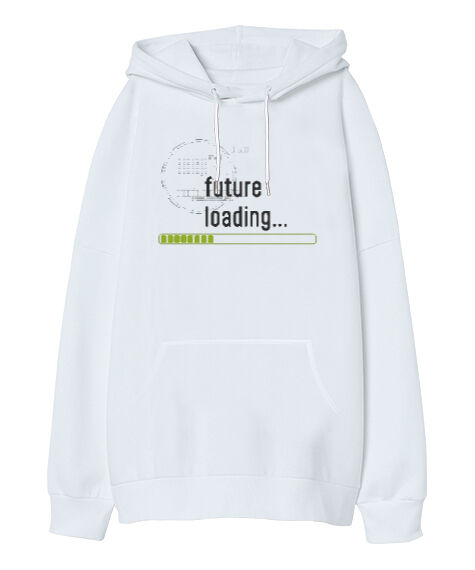 Tisho - Future Loading Beyaz Oversize Unisex Kapüşonlu Sweatshirt