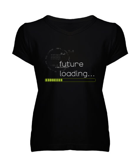 Tisho - Future Loading Siyah Kadın V Yaka Tişört