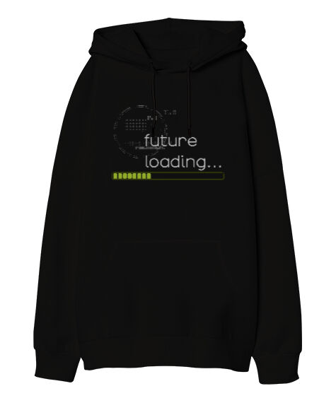 Tisho - Future Loading Siyah Oversize Unisex Kapüşonlu Sweatshirt