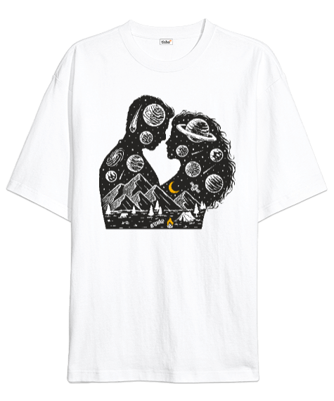 Tisho - Galaktik Çift, Özel Çizim Minimal Tasarım Oversize Unisex Tişört
