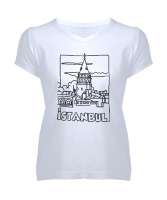 GALATA İSTANBUL Beyaz Kadın V Yaka Tişört - Tisho