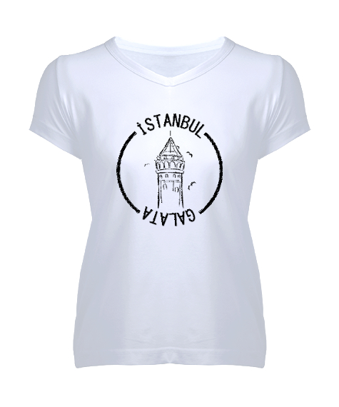 Tisho - GALATA İSTANBUL Beyaz Kadın V Yaka Tişört