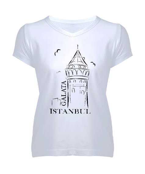 Tisho - GALATA İSTANBUL Beyaz Kadın V Yaka Tişört