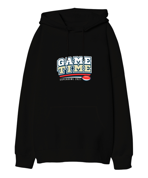 Tisho - Game Time Baskılı Siyah Oversize Unisex Kapüşonlu Sweatshirt
