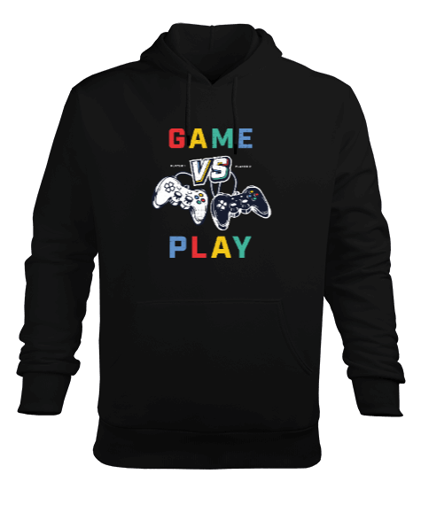 Tisho - Game vs Play Baskılı Siyah Erkek Kapüşonlu Hoodie Sweatshirt