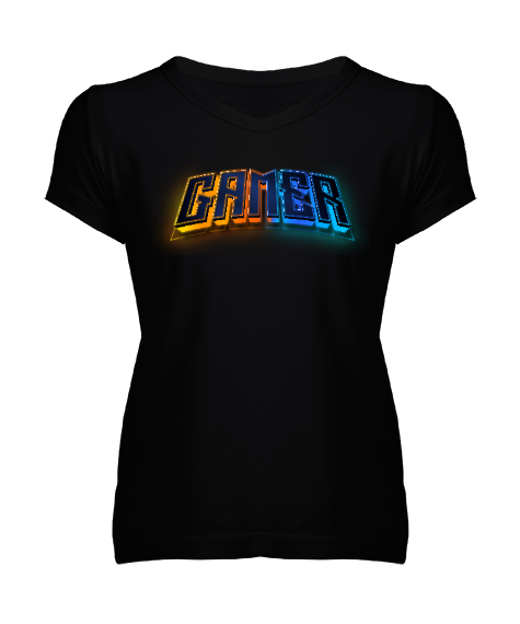 Tisho - Gamer Oyuncu RGB Tarz Siyah Siyah Kadın V Yaka Tişört