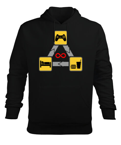 Tisho - Gamer Routine Siyah Erkek Kapüşonlu Hoodie Sweatshirt