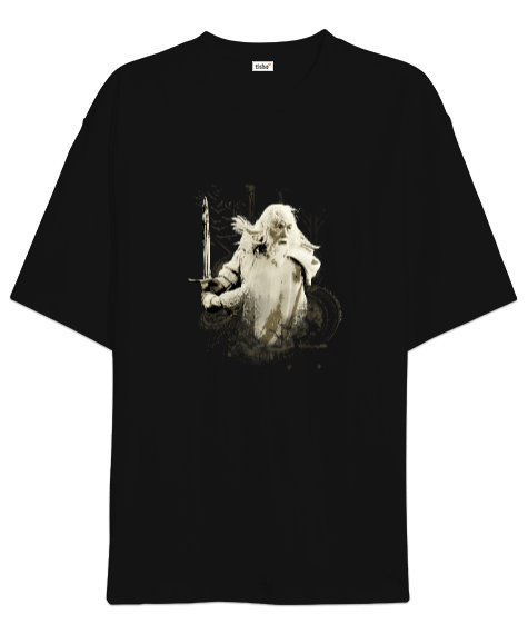 Tisho - Gandalf Kılıçlı Yüzüklerin Efendisi Tasarım Baskılı Siyah Oversize Unisex Tişört