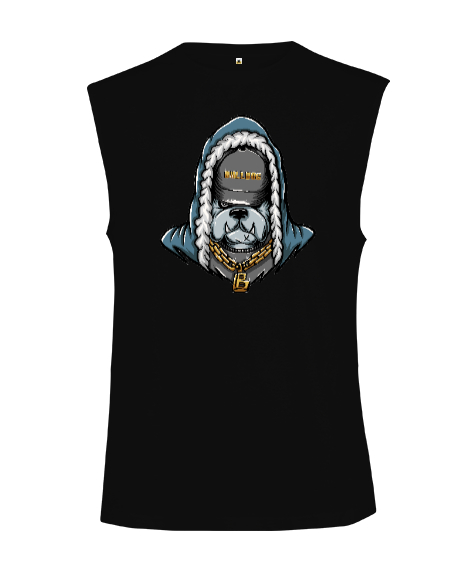 Tisho - Gangster Bulldog Köpek Şapkalı Ve Altın Kolye Siyah Kesik Kol Unisex Tişört