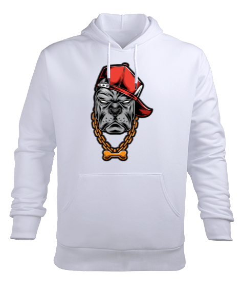 Tisho - Gangster Köpek Şapkalı Ve Altın Kemik Kolye Beyaz Erkek Kapüşonlu Hoodie Sweatshirt